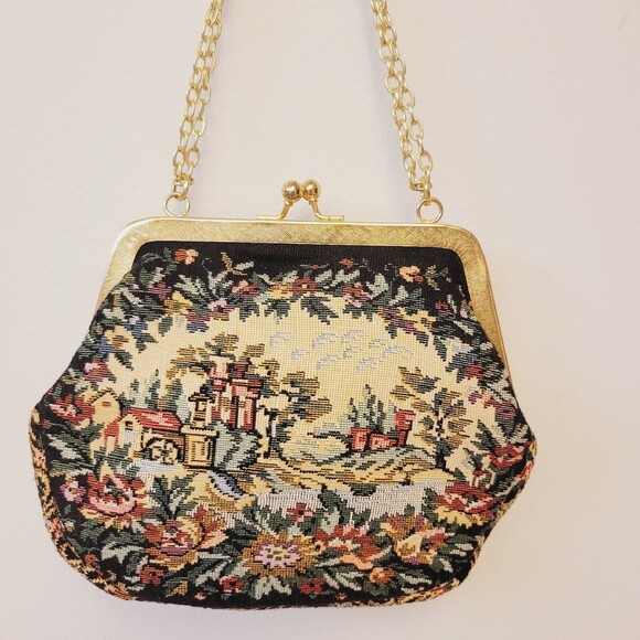 Vintage Walbarg Needlework Tapestry Nature Patern Gold Tone Chain Mini Purse Bag - Picture 7 of 8